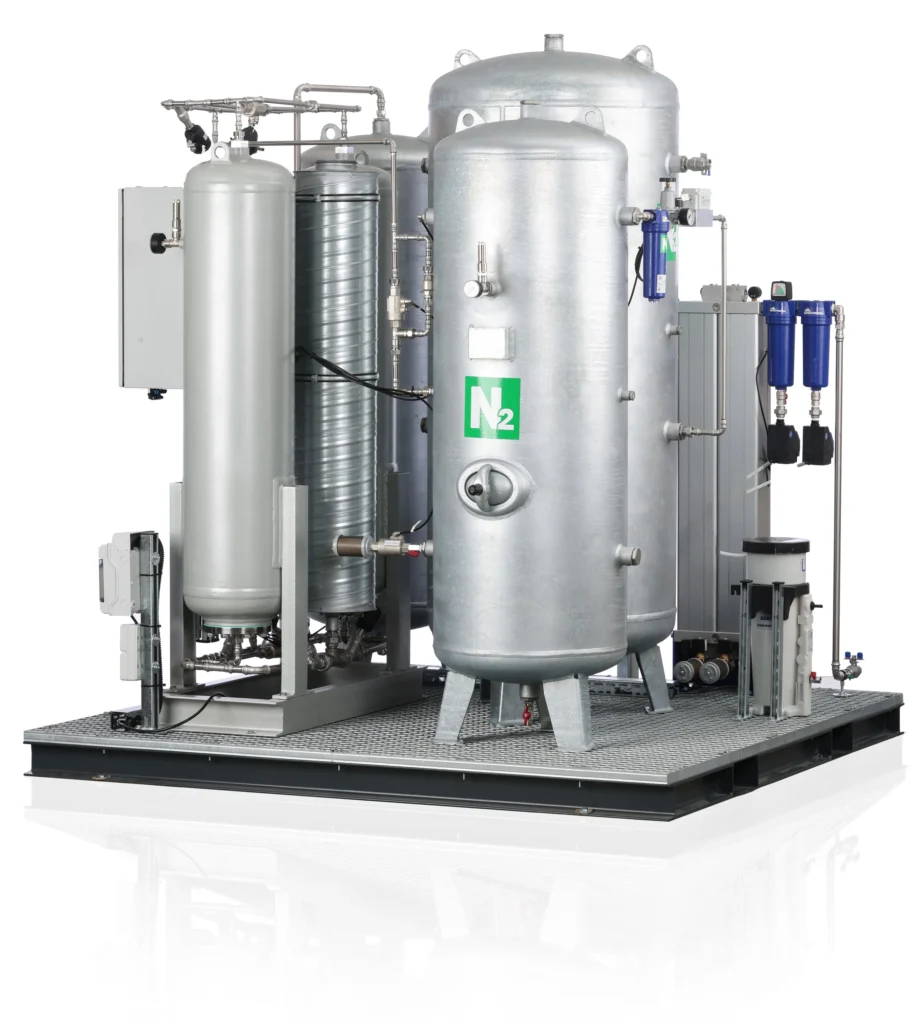 Package de production d'azote NITROBERG® sur skid galvanisé — générateur d'azote PSA twin-tower avec tampon N₂ et filtration PUREBERG® du groupe BERG
