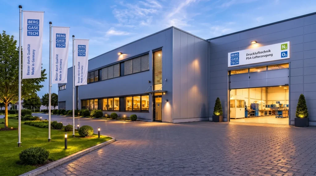 Beleuchteter Firmensitz von Berg GaseTech in Krefeld mit Fahnen in der Abenddämmerung