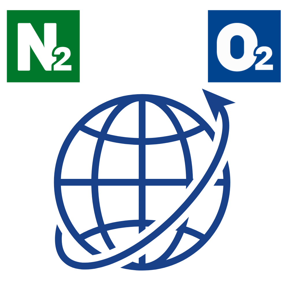 N₂- und O₂-Symbol mit Globus als Sinnbild für weltweite Gaserzeugung vor Ort