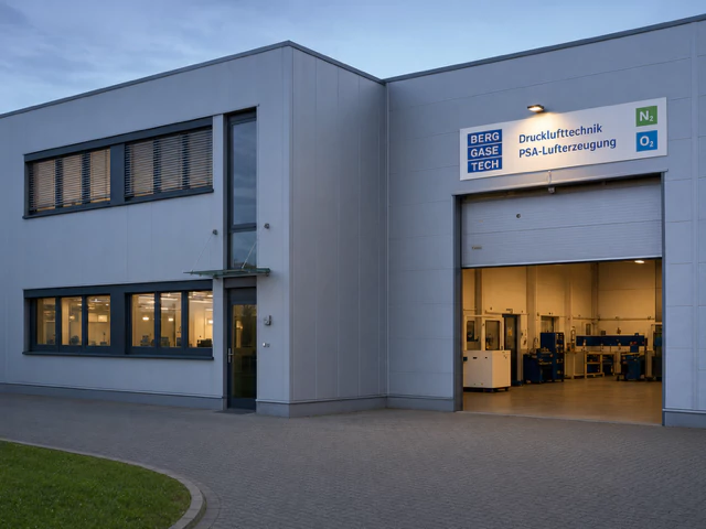 Firmensitz von Berg GaseTech in Krefeld in der Abenddämmerung, rechts die geöffnete Fertigungshalle für Drucklufttechnik und PSA-Lufterzeugung